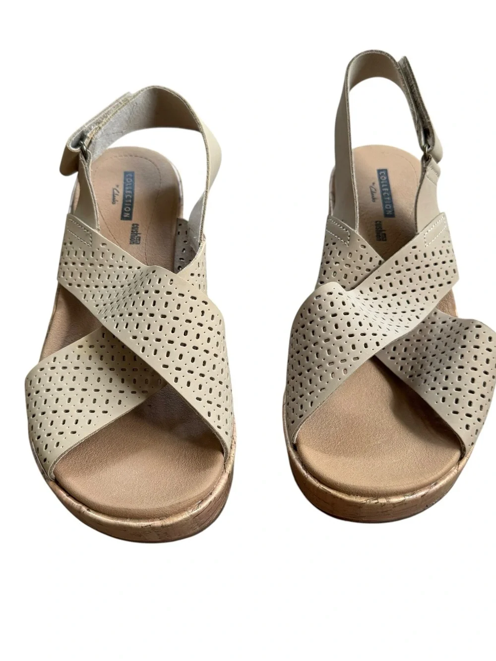 Clarks Annadel Parker Tan Suede Crisscross Peep Toe Wedge Cork Heel Women’s Sz 7